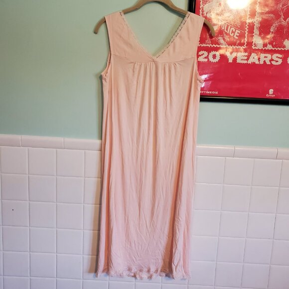 Vintage 80s Pastel Pink Lace Trim V Neck Knee Length Babydoll Night Gown - Picture 7 of 10